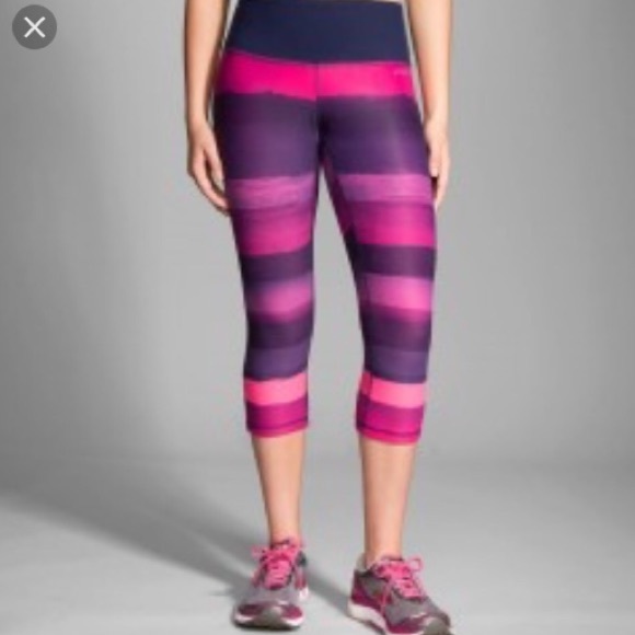 Brooks Pants - Brooks Pink & Purple Striped Running Capri